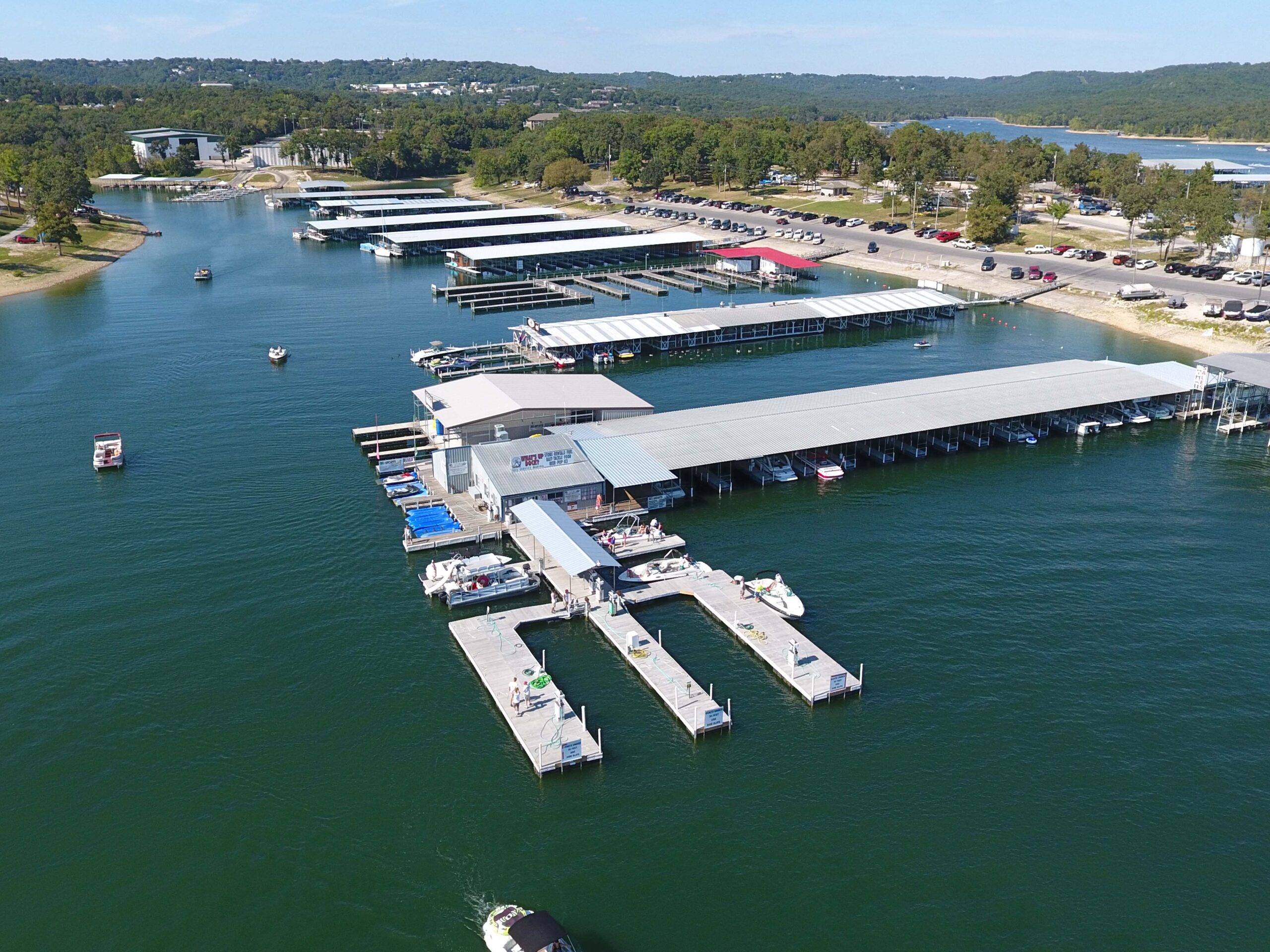 Aerial view of What’s Up Dock at Port of Kimberling Marina
